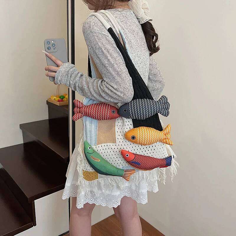 Cute Little Fish Relaxed Knitted Summer New Commuter Versatile Shoulder Contrasting Cut Out Tote Bag