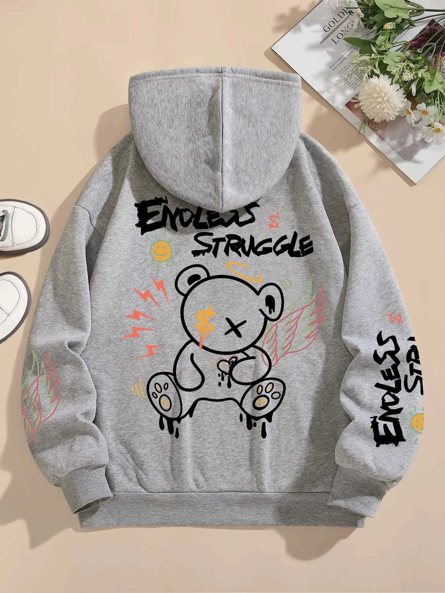 Street Mens and Womens Sweatshirts Endless Struggle Graffiti Bear Printed Hoodie Loose Pullover Sweatshirt Casual XJ250714