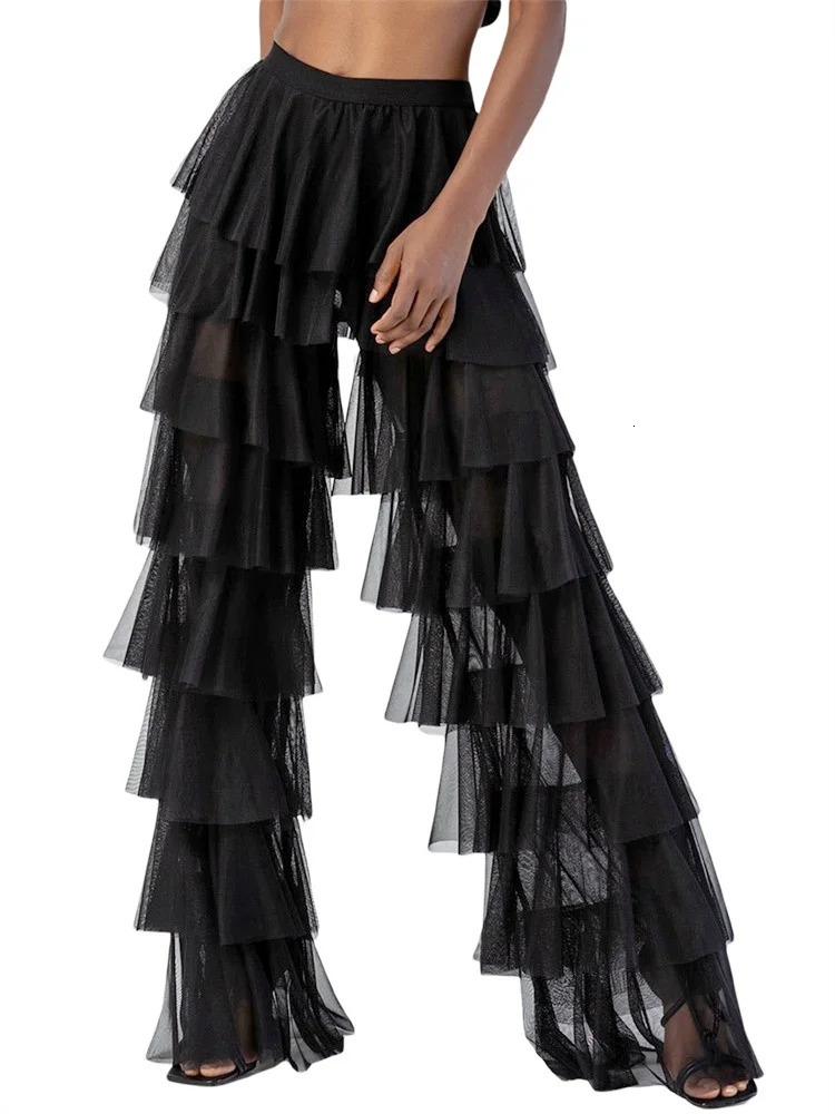 Women Wide Leg Pants High Waist Layered Tulle Loose Beach Long Trousers Streetwear 250714