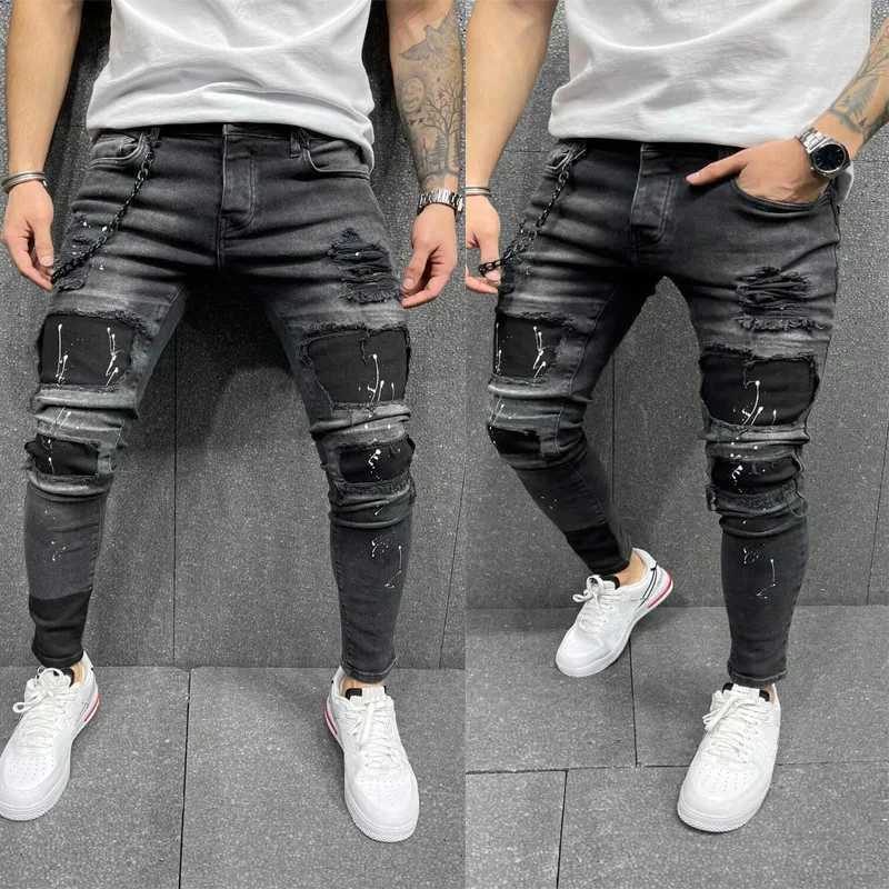 90% Cotton Men Retro Wash Distressed Stretch Ripped Jeans Tight Hole PATCH Denim Pants Printing Zipper Joggers X250718