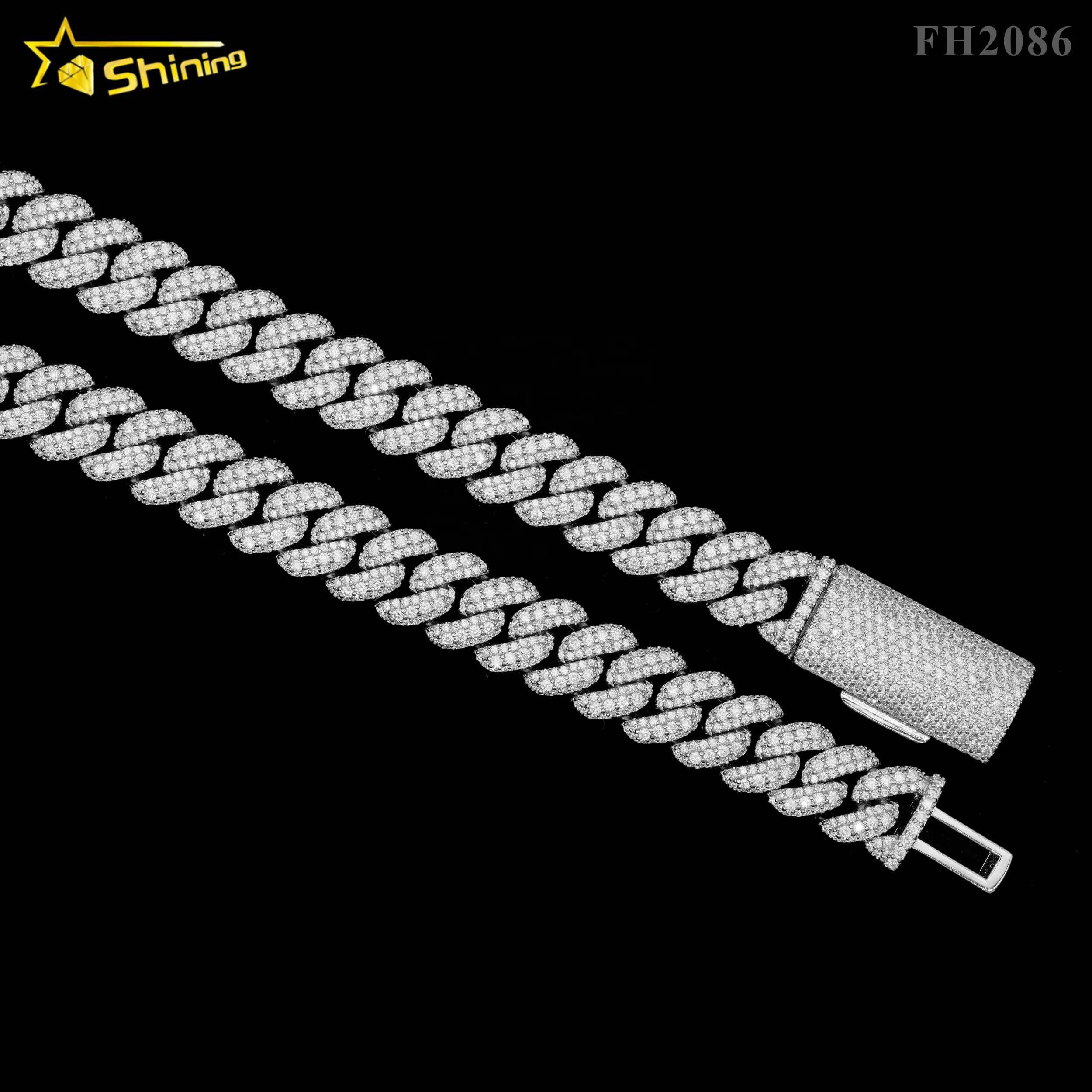 Pass Diamond Tester 12MM 3 Rows Moon Shape Hip Hop Necklace Moissanite Silver Cuban Link Chain