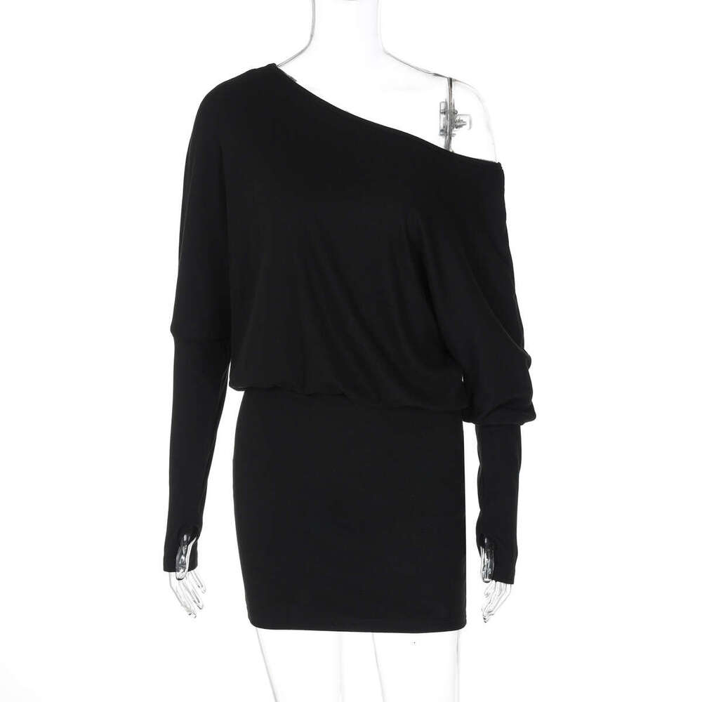 Ins Style Women's Autumn New Personality Asymmetric Neck Off-Shoulder Long Sleeve Fake Two-Piece Waist Slimming Bodycon Dress B5