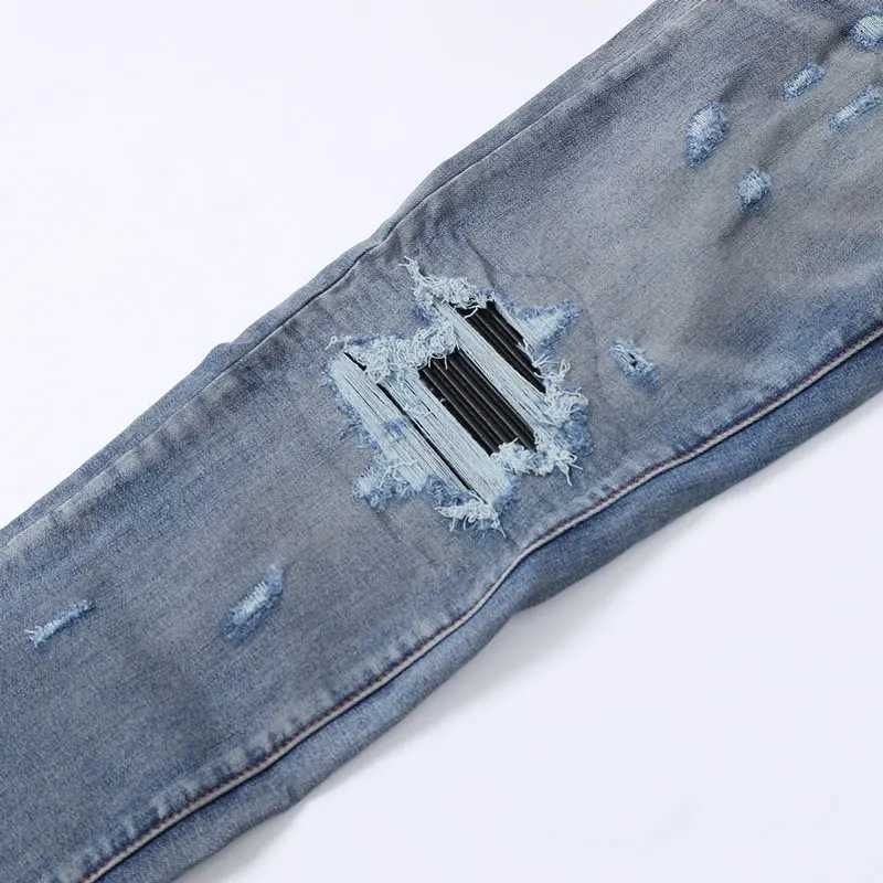 Designer Fashion Washed Nostalgic Elastic Slimming RETRO Washed Blue Hole Patch Jeans High Street Hip Hop Brand X250718