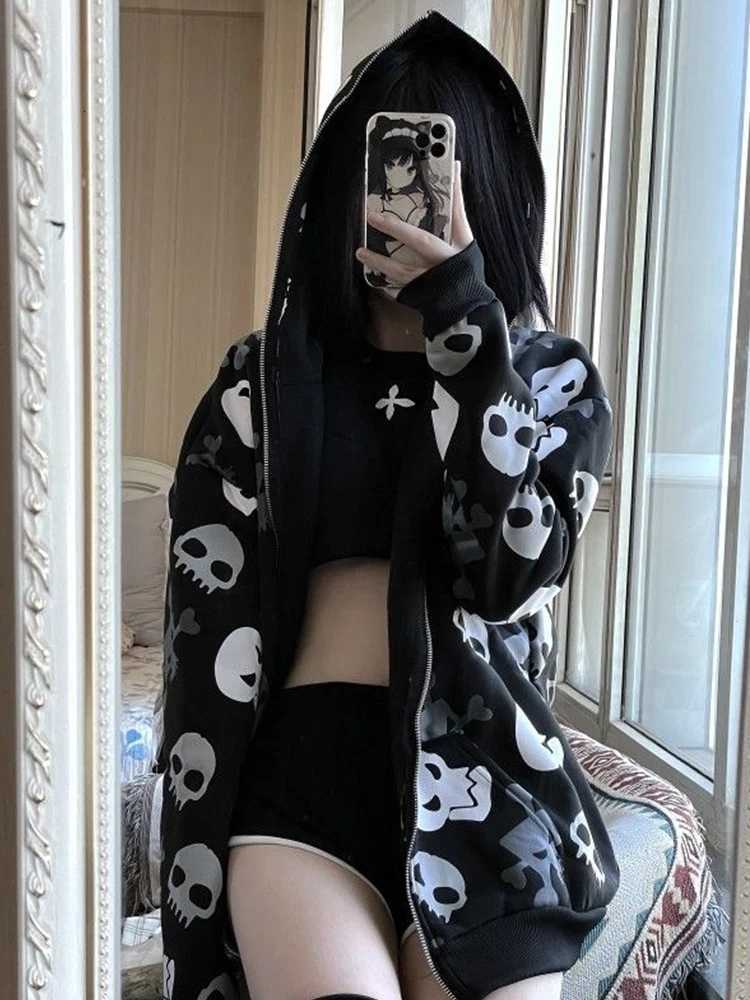 Alt Goth Cyberpunk Y2k Sweatshirt Women Mall Goth Harajuku Skull Printed Long Sve Zipper Cardigan Hoodie Emo Alt Indie Clothes XJ250717