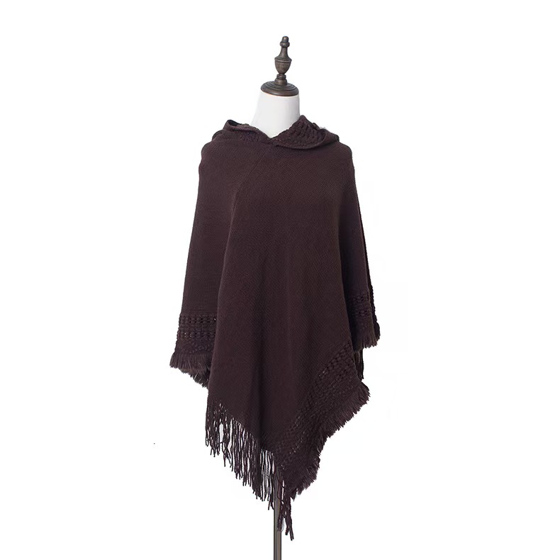 T1249 autumn and winter new knitted hooded cloak shawl monochrome pullover cloak sweater hooded shawl
