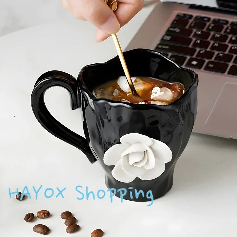 Lanjia French Camellia Ceramic Mugs D White Rose Breakfast Milk Coffee Cup Saucer Set High Quality Kitchen Drinkware B B A