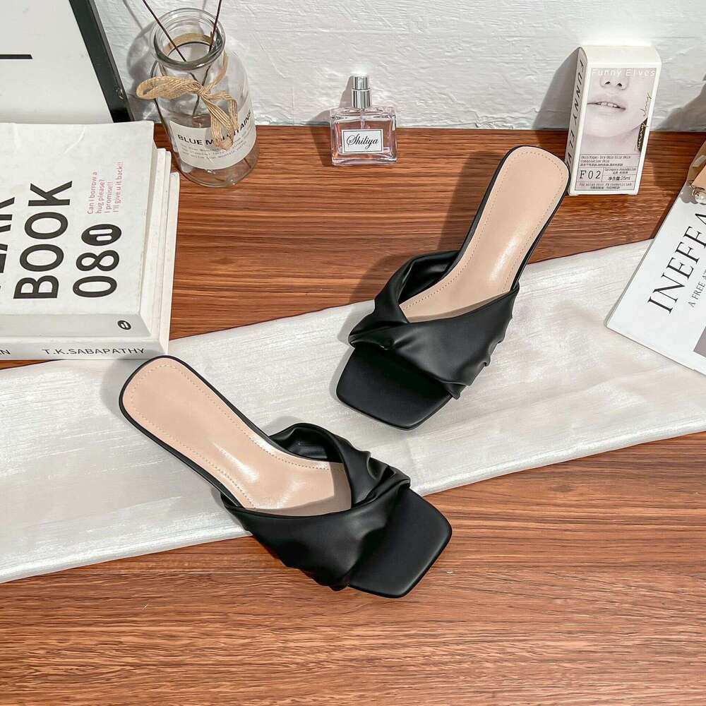 Designer Luxury High Heel Sandals Super Model Proportion 7cm French Square Toe Ruched Strap Mules Half Slippers for Women
