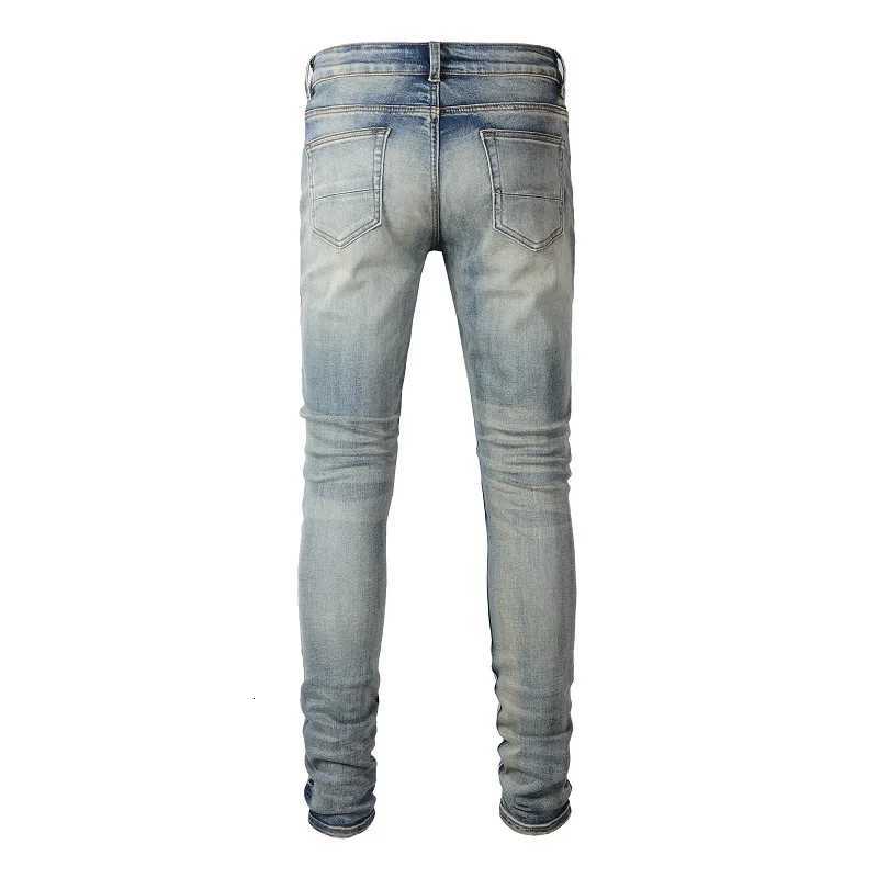 Mens Cracked Patch Biker Jeans Streetwear Pleated Patchwork Stretch Denim Pants Holes Ripped Distressed Skinny Tapered Trousers X250718