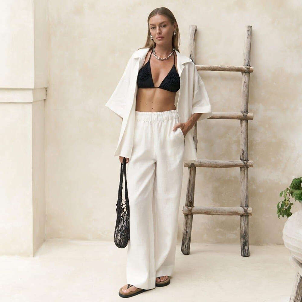 Pure Cotton Spring Summer New Loose Short Sleeve Shirt Long Pants Casual Set B5