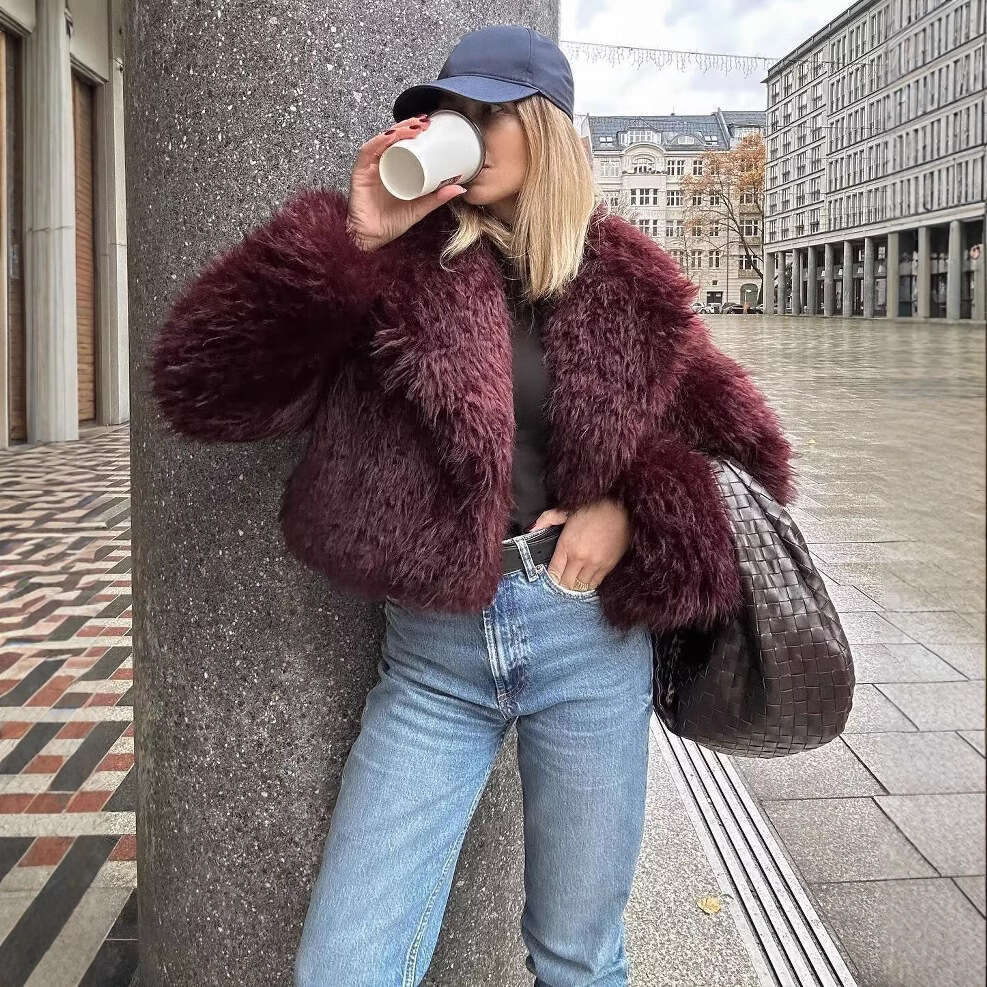 TRAFZA Women's Fashion Autumn Winter New Red Fashionable Versatile Eco-Friendly Faux Fur Short Coat B5