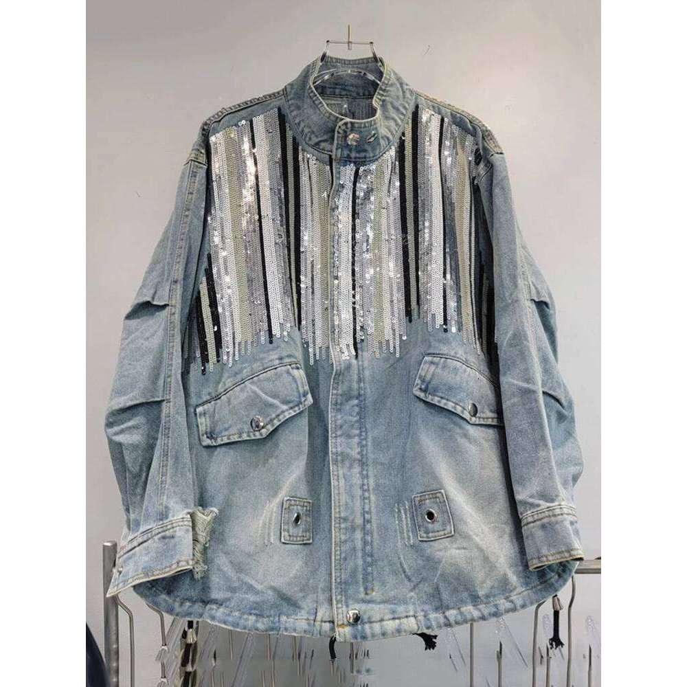 DEAT 2024 Autumn Trendy Fashion Women Striped Sequins Design Loose Denim Coat Turn-Down Collar Long Sleeve Jacket Female 29L8081