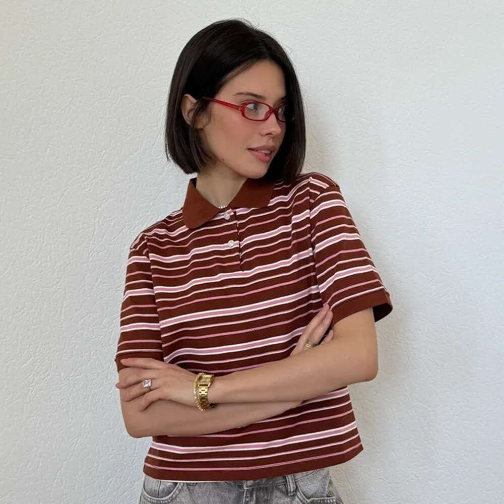Striped T-Shirt Summer New Color Block Polo Shirt Loose Casual Short Sleeve Women B5