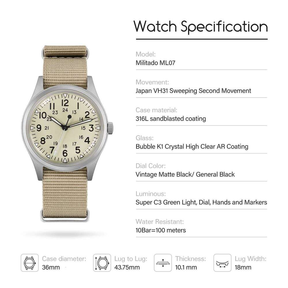 Militado ML07 Vintage Quartz Watch VH31 Movement Wristwatches Bubble Crystal With High Clear AR Coating Luminous 36mm Watches free shipping