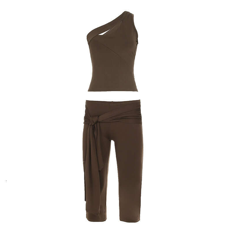 Fashionable Casual Shoulder Mid-Pants Sleeveless Asymmetrical Neck Top Tie-Up Breeches Two-Piece Set B5 g7
