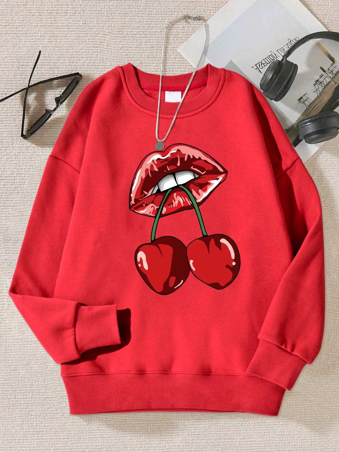 Cherrys In The Mouth Design Print Sweatshirt For Women Simple Soft Sweatshirts Street Loose Pullover Autumn Casual Unisex Top XJ250717