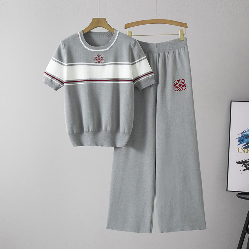 Summer Embroidered ColorBlock Loose Slimming Versatile Casual Round Neck Short Sleeve Womens Knitted TwoPiece Set 250718