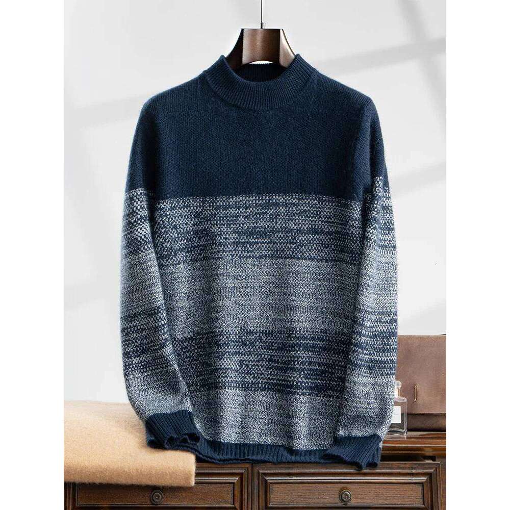 High Quality Men Sweater Mock Neck Striped Pullover Autumn Winter Thick 100% Cashmere Knitwear Soft Warm Clothing Tops
