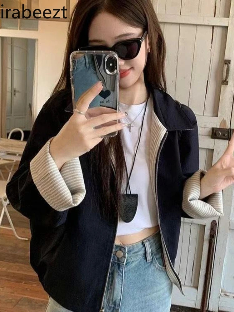 Striped Lapel Double-sided Jacket 2025 Spring and Autumn Retro Loose Casual Versatile Tops Casual Casaco Feminino 250715