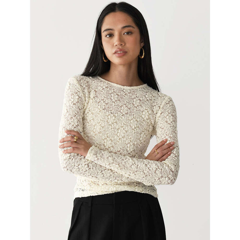 New Style Lace Hollow Out Base Shirt Pearl Button Split Tight Bell Long Sleeve T-Shirt For Women B5