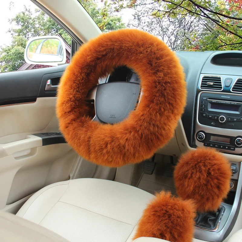 YESPLEASE 3pcsset Wool Winter Car Steering Wheel Cover Long Australian Wool Heated Fur Handbrake Gear Shifter Cover 250715