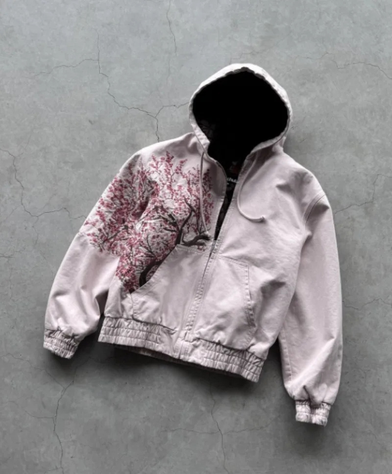 Harajuku Plum Tree Embroidered Oversized Pink Zipper Hoodies For Men and Women Y2K Gothic Fashion Retro Street Sweatshirts 250717
