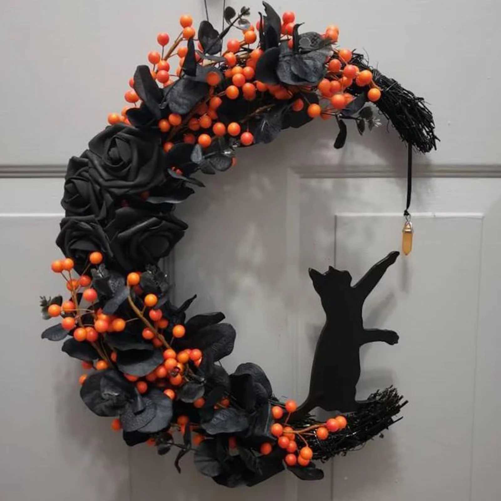 Halloween Gothic Rose Moon Cat Wreath Halloween Door Decoration Crystal Moon Wreath Z250718