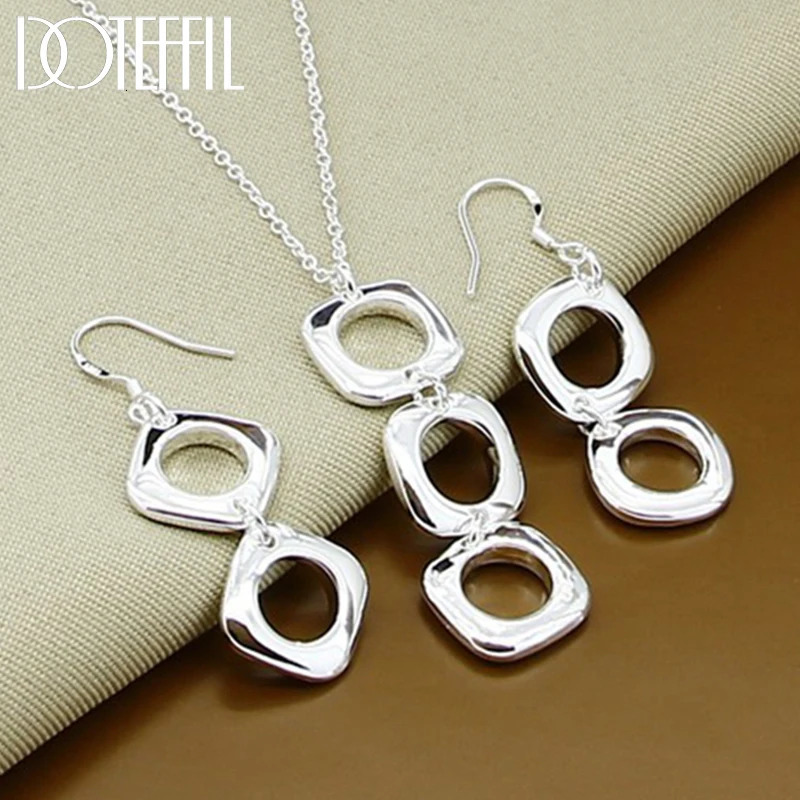 DOTEFFIL 925 Sterling Silver Round Square Necklace Earring Set For Woman Wedding Engagement Party Fashion Charm Jewelry 250715