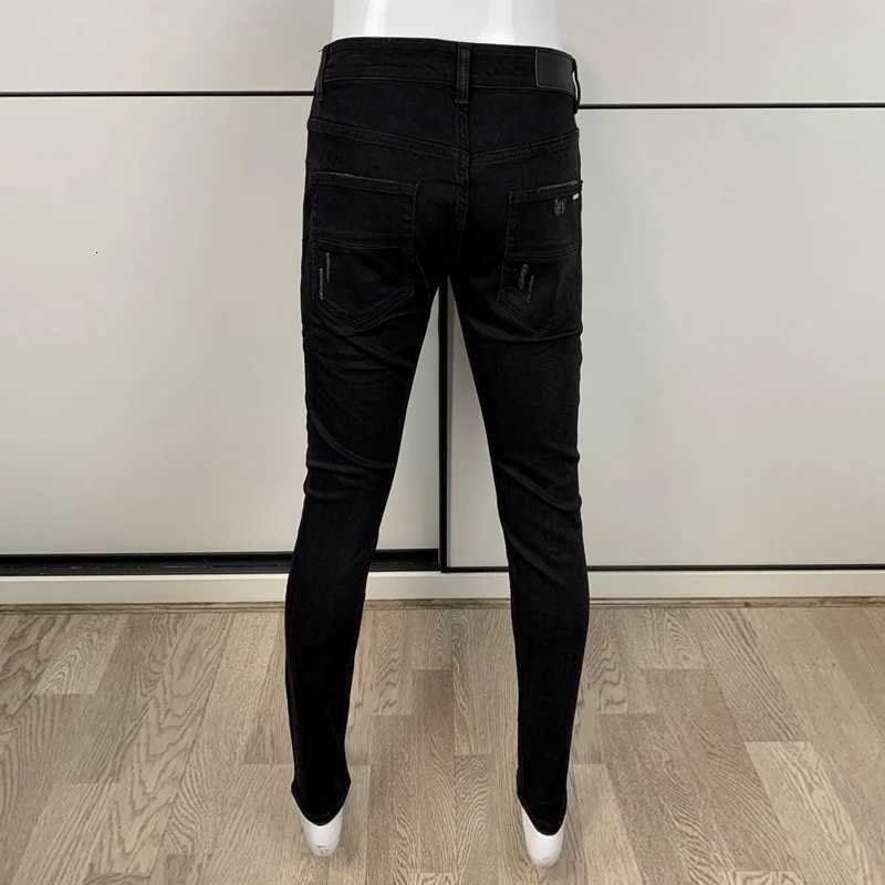 Street Fashion Men Jeans Black Stretch Skinny Fit Ripped Jeans Men Punk Trousers Leather Patched Designer Hip Hop Brand Pants X250718