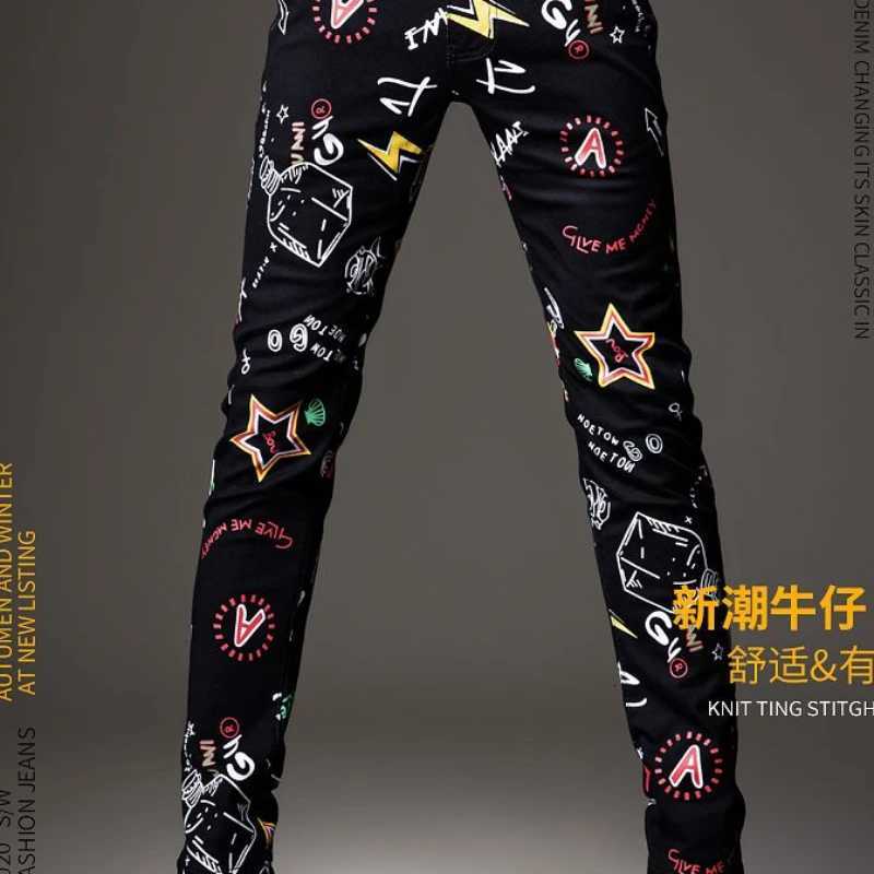 Luxury Mens Denim Pants Hip Hop Graffiti Print Jeans Designer Slim Fit Trendy Black Jeans Stretch Cowboy Cotton Trousers for Men X250718