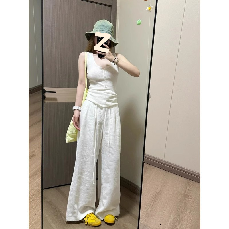 Extended White Wide-Leg for Women Summer Thin High-Waisted Cotton Loose Straight-Leg Linen Casual Pants