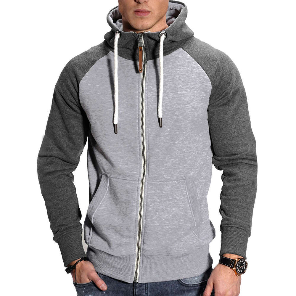 European Size Men's Color Block Hooded Sweatshirt Casual Fashion Contrast Raglan Sleeve Sports Cardigan Jacket Top B5