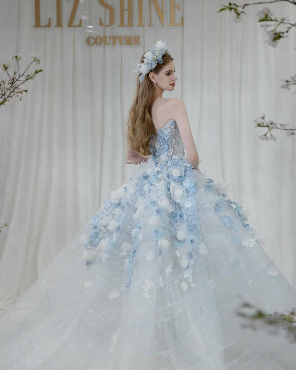 Fairy High Grades Party Evening Dress Appliques Blue Petal Strapless Lace A-Line Princess Bridal Gowns Customized