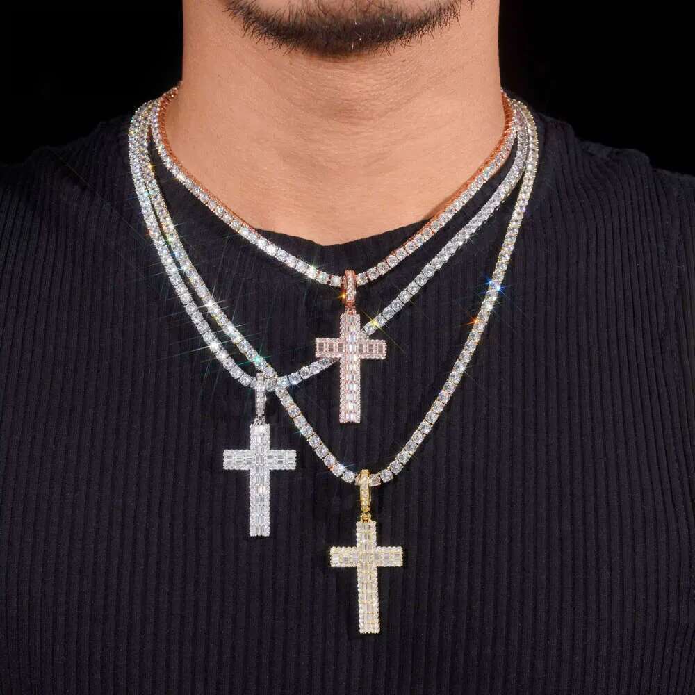 High-End Luxurious Baguette Sier Cross Men's Hip-Hop Moissanite Tennis Chain Pendant