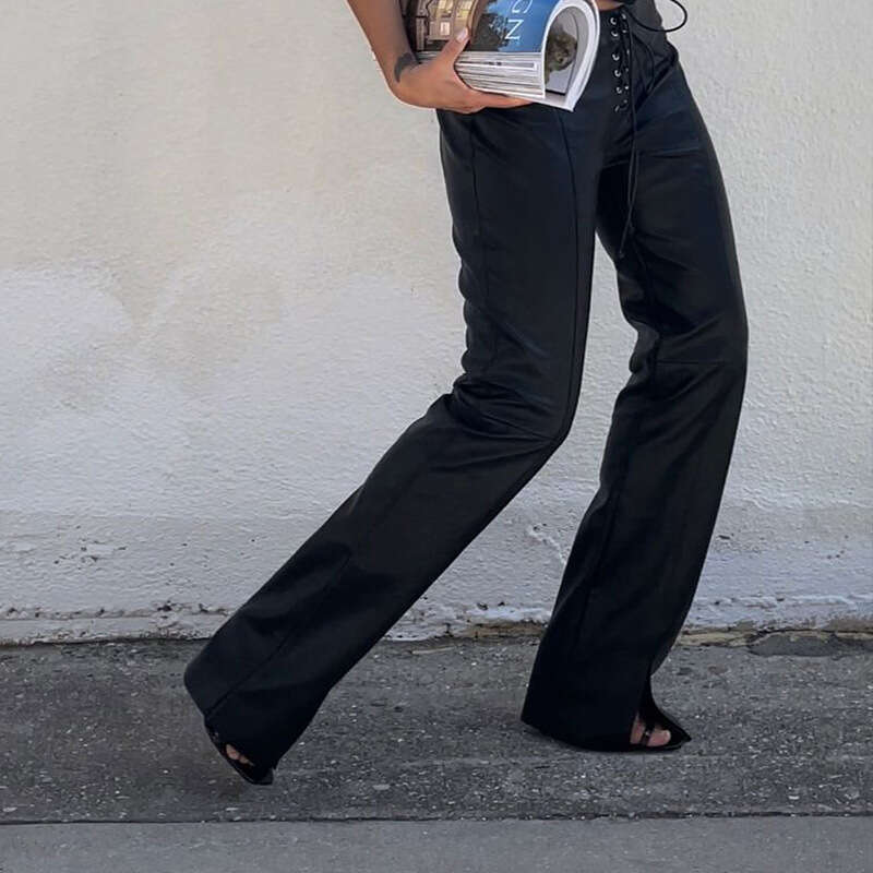 Ins Style Autumn Women's PU Straight-Leg Tie Casual Low-Waist Leather Pants B5