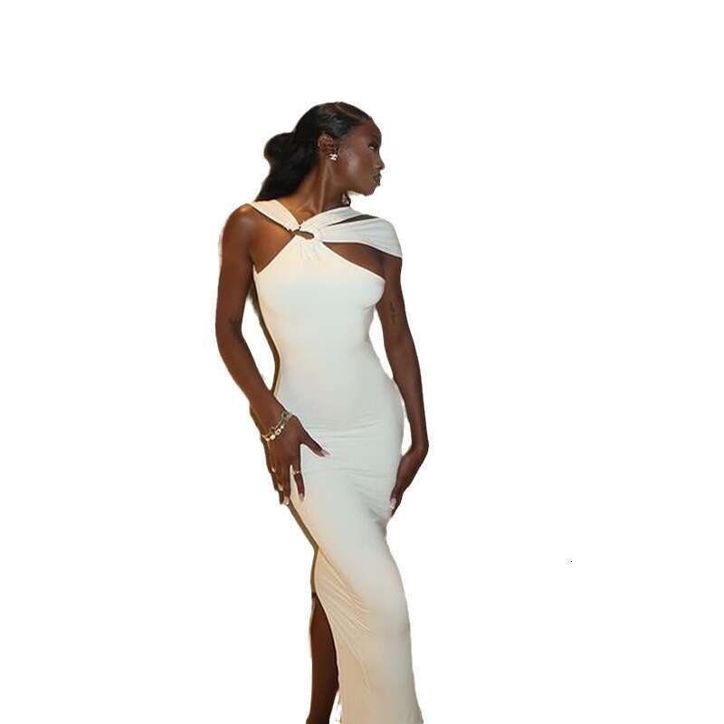 Ins Style Women's Metal Buckle Halter Neck Sleeveless Elegant Slit Hollow Out Backless Irregular Dress B5