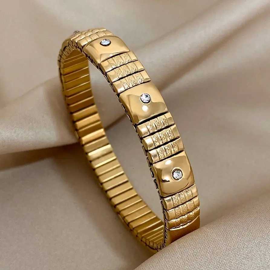 ALL New Gold Plated Stainless Steel Elastic Bangle Bracelet for Women Vintage Inlaid Rhinestone Adjustable Watchband Jewelry X250718