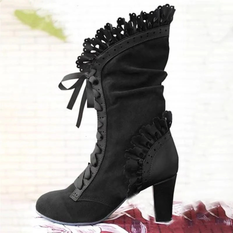 Women Lace Womens High Heel Middle Tube Boots Botas Zapatos Mujer Retro Leather Winter Shoes Booties Cowboy Botas Mujer 250717