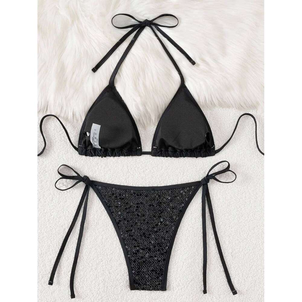 Shiny Sequin Black Bikini Set Women Sexy Push Up Bra Tie Side Triangle Swimsuit 2025 Brazilian Beach Bathing Suit Micro Swimwear