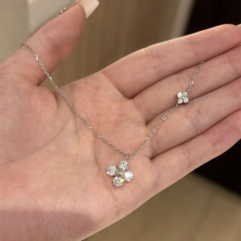 Tiqi S Pure Sier Super Shiny Four-Leaf Clover Necklace for Women, Socialite Style, High-End Full Dia Flower Light Clavicle Chain Trend