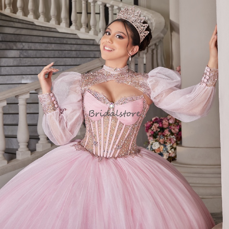 Luxury Pink Vestidos De 15 Quinceanera Long Sleeve Crystal Beaded Tulle Sweet 16 Dress Fifteen Birthday Vestidos De Xv Anos 2025 Formal Occasion Princ