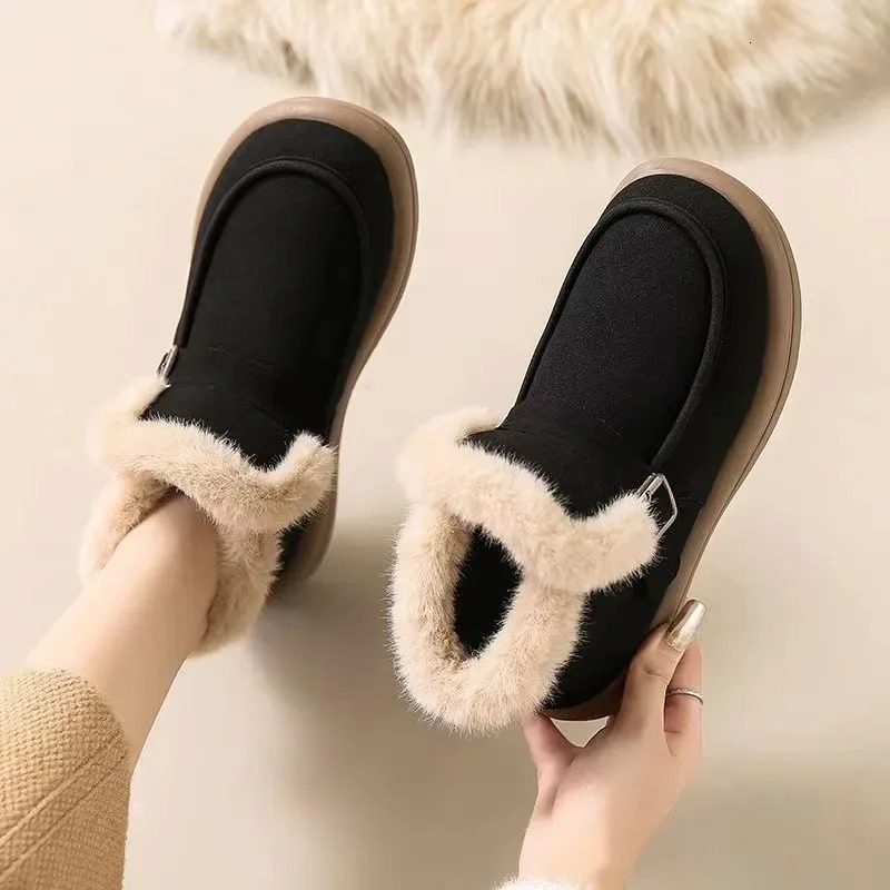 Winter Womens Snow Boots Korean Version Plush Comfortable Super Warm Anti Slip Soft Bottom Belt Buckle Womens Shoes 250717