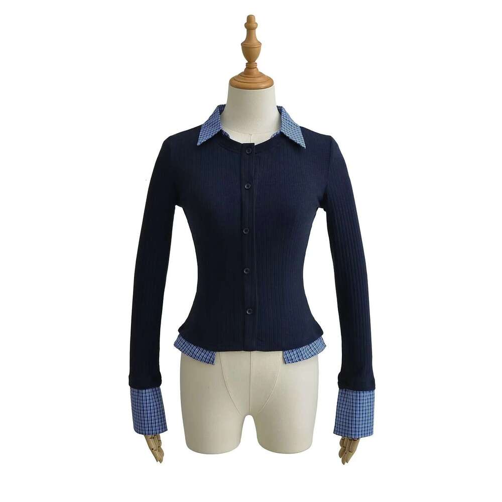 Plaid Patchwork Fake Two-Piece Polo Collar Long Sleeve Knitted Sweater For Women, College Style Slim Fit Base Shirt Top B5