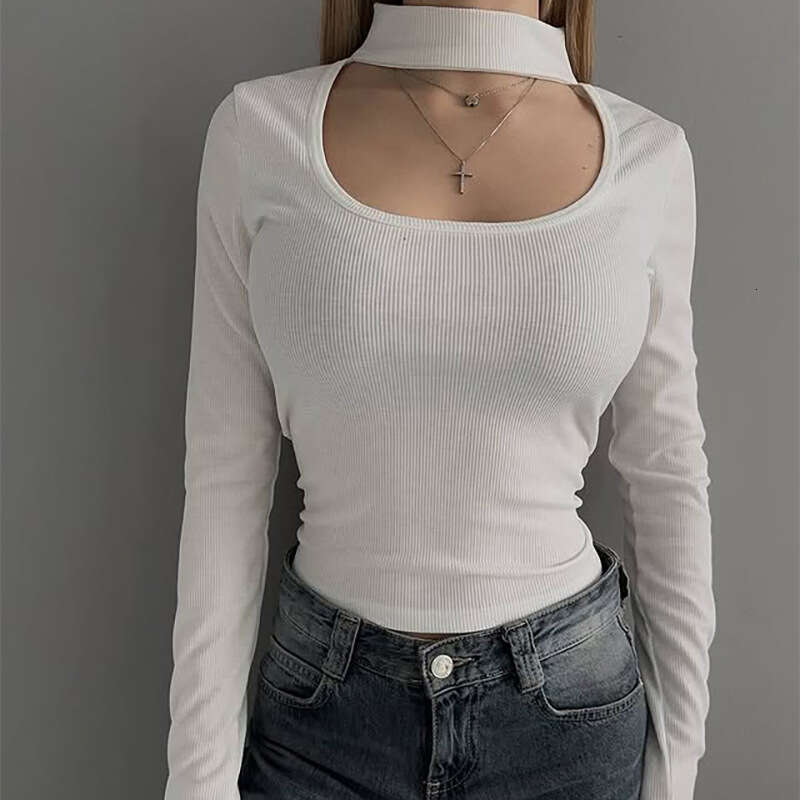 New Design Black And White Hollow Out U-Neck Low-Cut Long Sleeve T-Shirt Slim Fit Stretch Top Women's Clothing B5