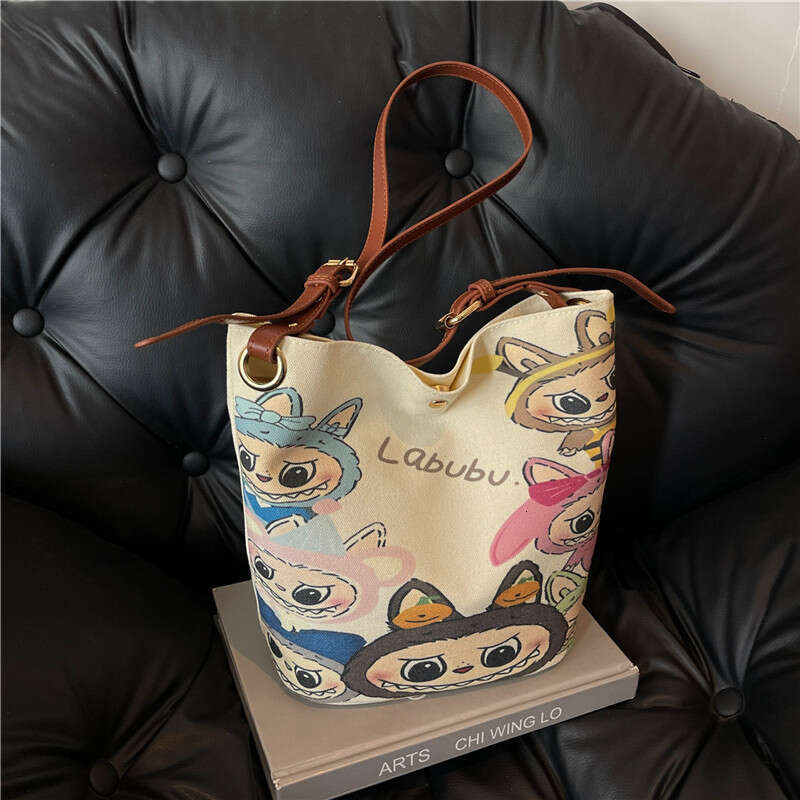 Versatile Cute Cartoon Bucket Canvas 2024 New Textured Painted Casual Shoulder Crossbody Bag