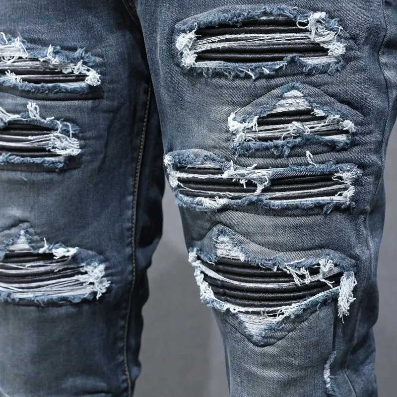 Designer High Street Fashion Jeans Stretch Slimming Washed Deep Blue Jeans Black Leather Patch Hip Hop Brand Pants Hombre X250718