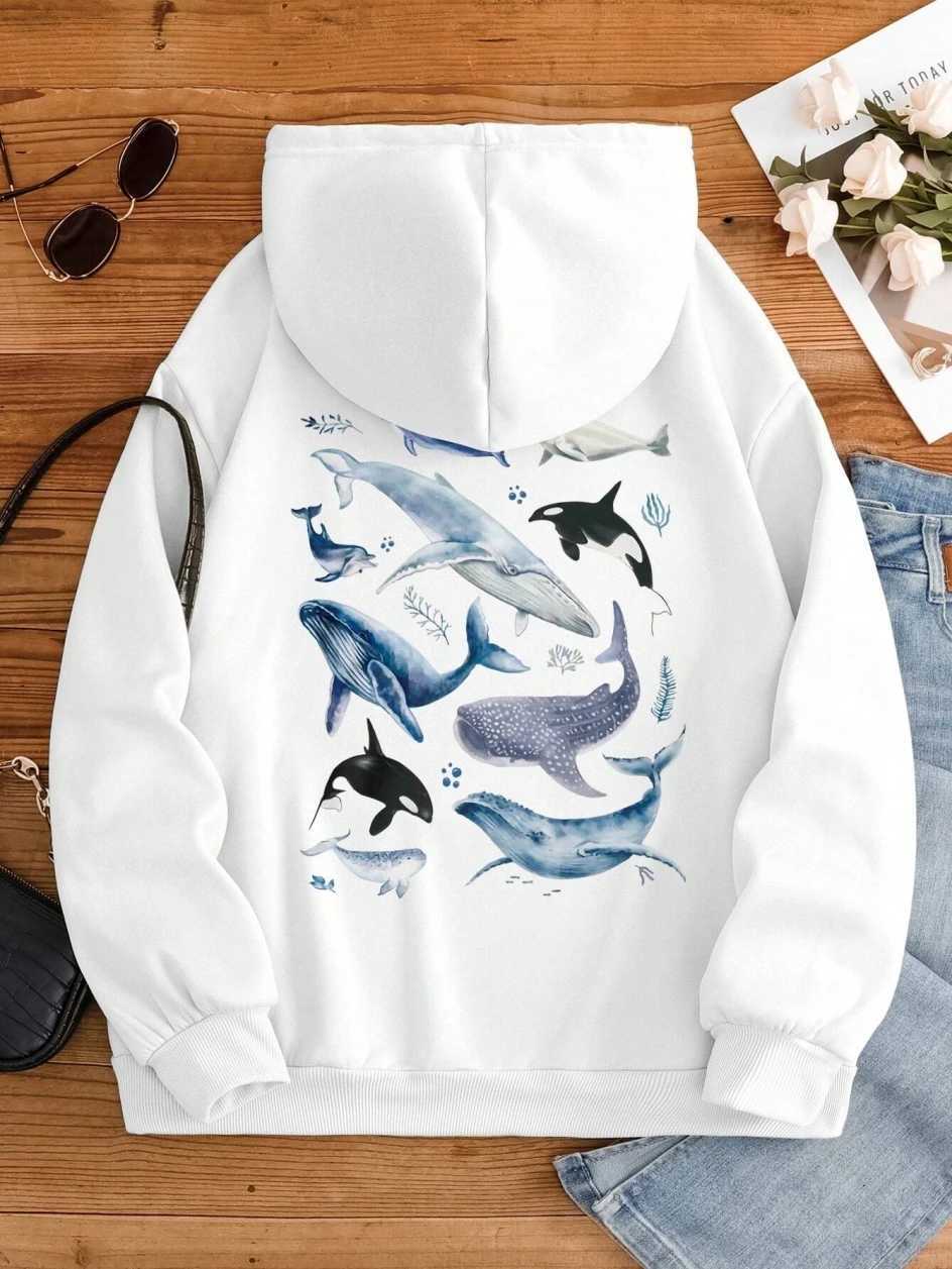 Ocean Whales Print Fe Hoodie Harajuku Comfortable Sweatshirts Fashion O-Neck Quality Hooded Autumn Warm Streetwear Women XJ250717
