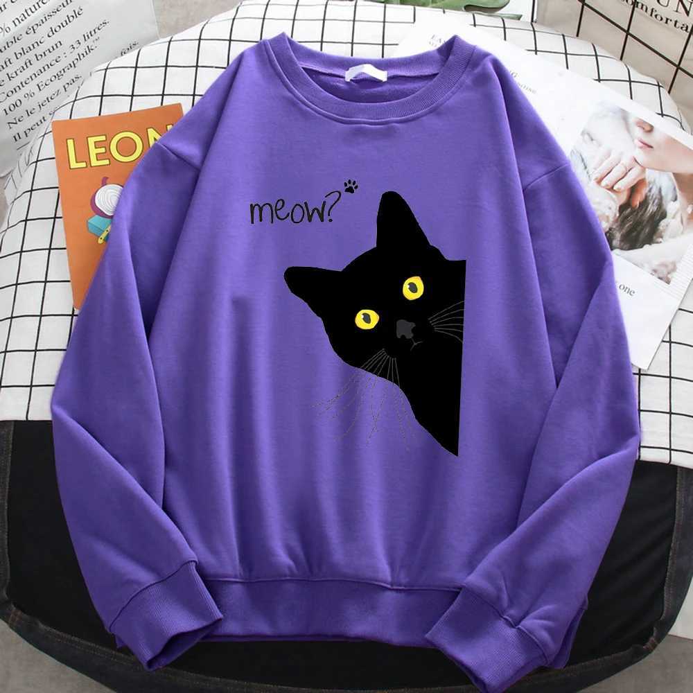 Winter Harajuku Woman Sweatshirt Meow Black Cat Printing Hoodies Comfortable All-Math Pullover Crewneck Loose Fe Clothes XJ250717