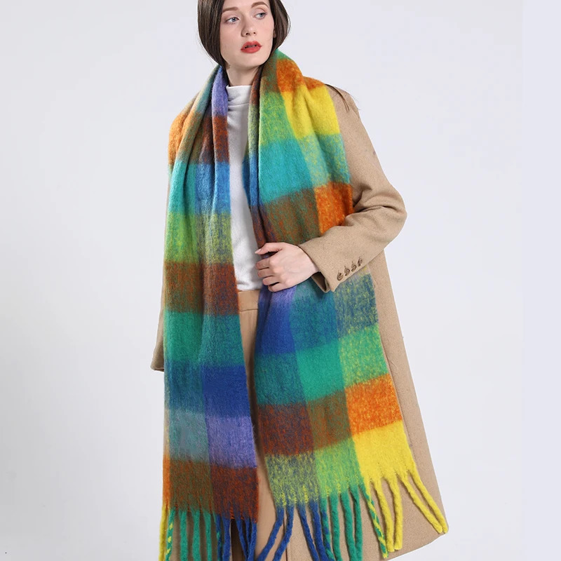 Winter Thick Warm Scarf Women Cashmere Shawl and Wraps Pashmina Neckerchief Scarf Female Rainbow Hairy Tassel Scarf 250717