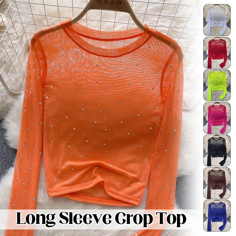 Women Chic Rhinestone Mesh Sheer Long Sleeve Crop Tops Slim Fit Sexy See Through T-shirts Fashion Party Nightclub T-shirt 250714