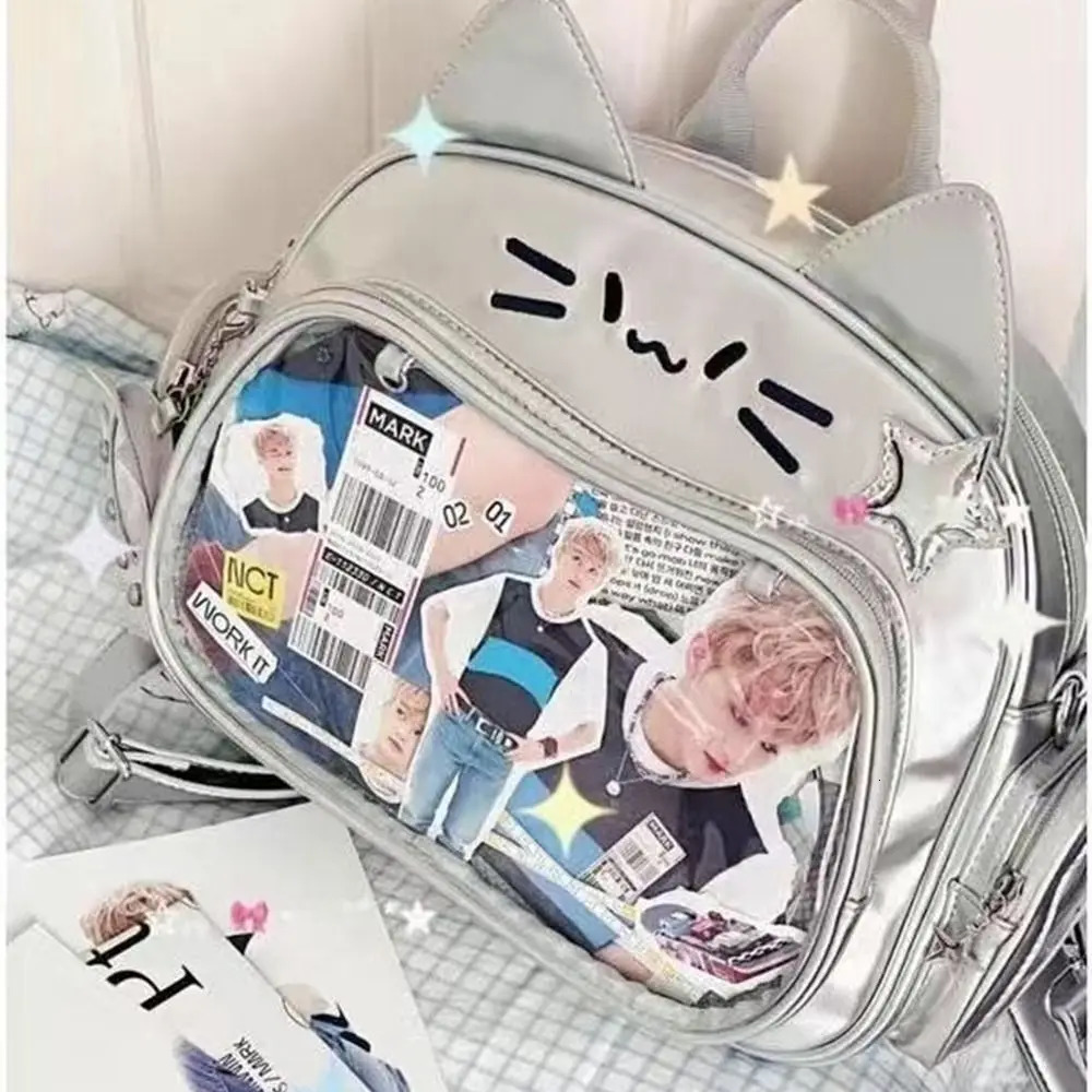 Y2K Korean Kawaii Cat Lolita Bag Cute PU Shoulder Bag Girls Transparent Pocket Harajuku Crossbody Bag Womens Fashion Backpacks 250714
